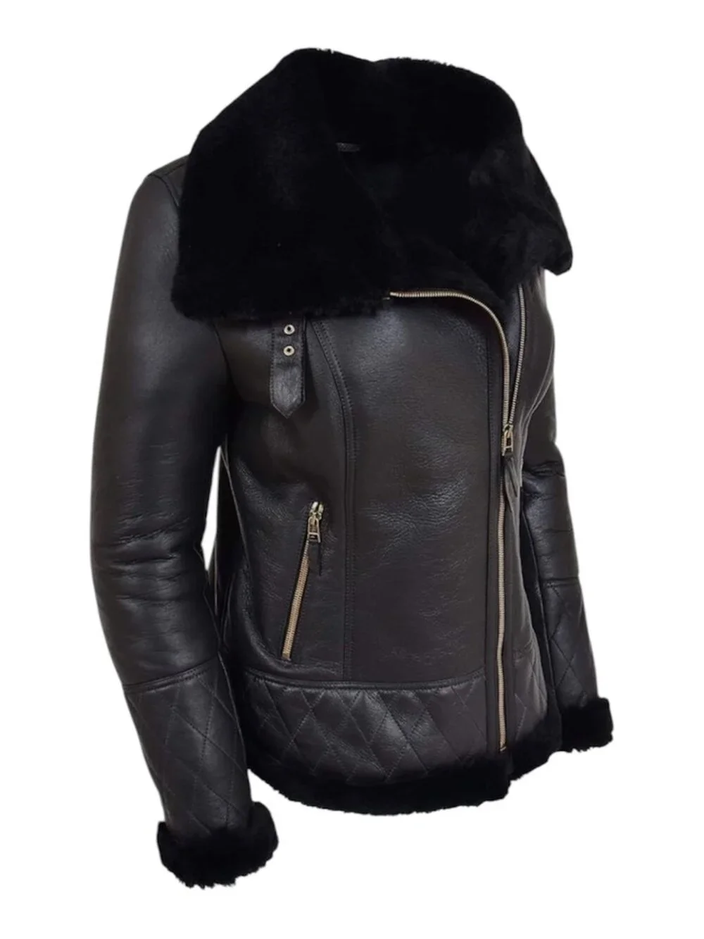 Shearling Aviator Jacket Womens Black 100% Sheepskin Leather B3 Bomber Coat XL - Picture 5 of 10